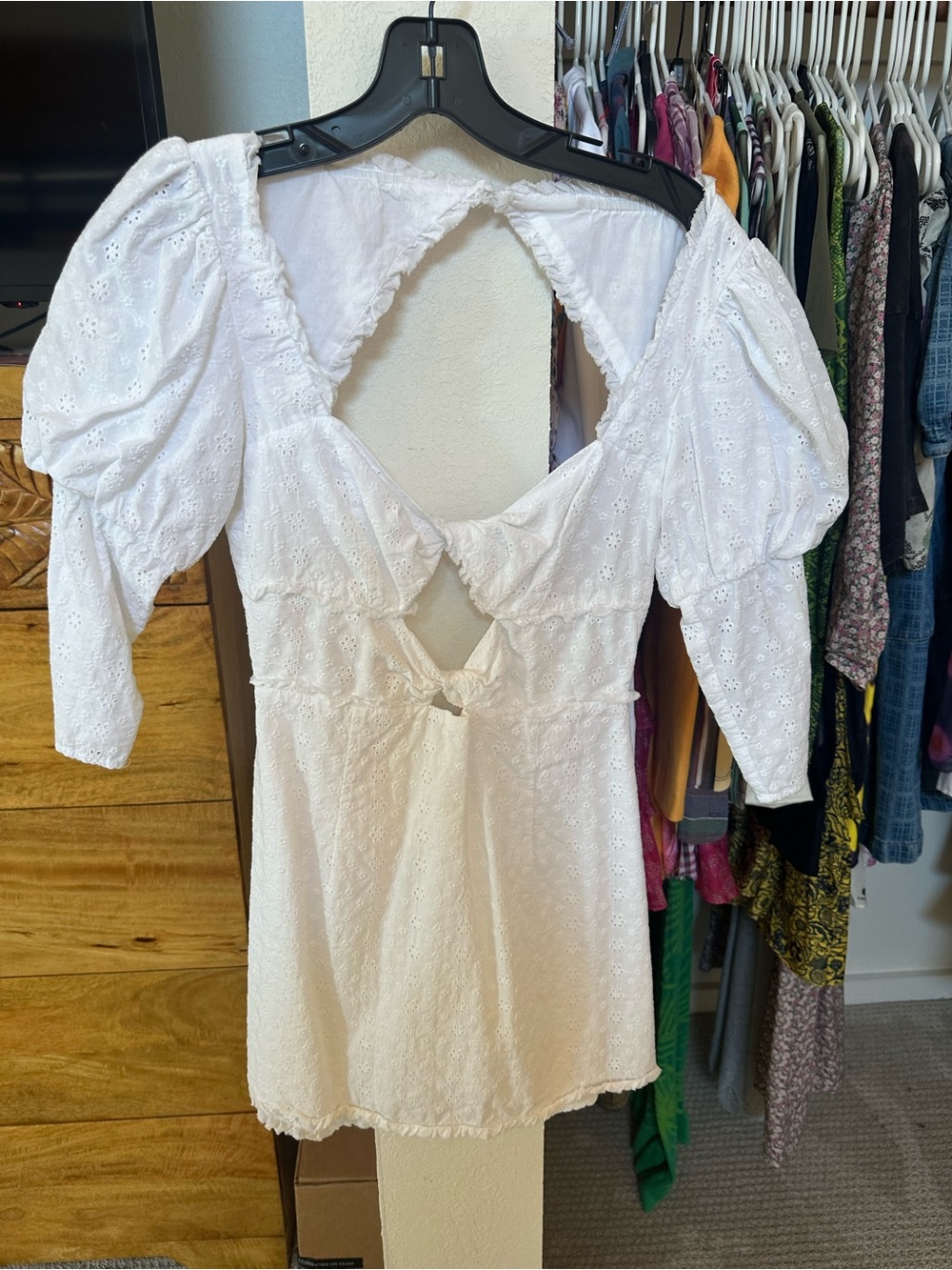 For Love and Lemons White Eyelet Puff-Sleeve Tie-Front Tunic Dress